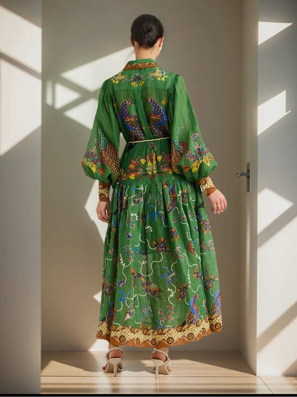 Boho Green Floral & Bird Print Maxi Shirt Dress Fall 2026 L - Picture 11 of 16